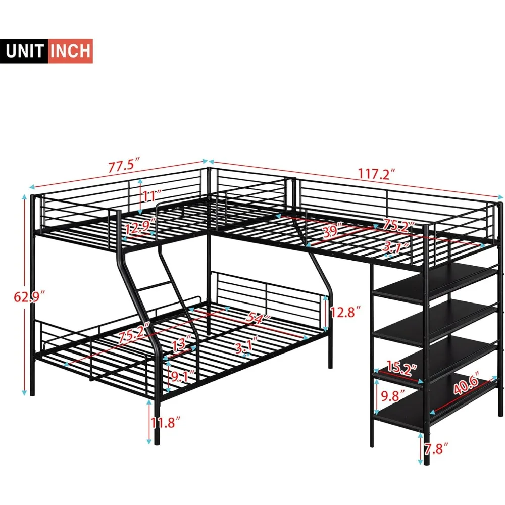 Bunk Beds Twin Over Full L-Shape Bunk Bed with Storage Shelves 3 Beds Bunked Metal Frame Black Corner Loft Bed for Three Kids