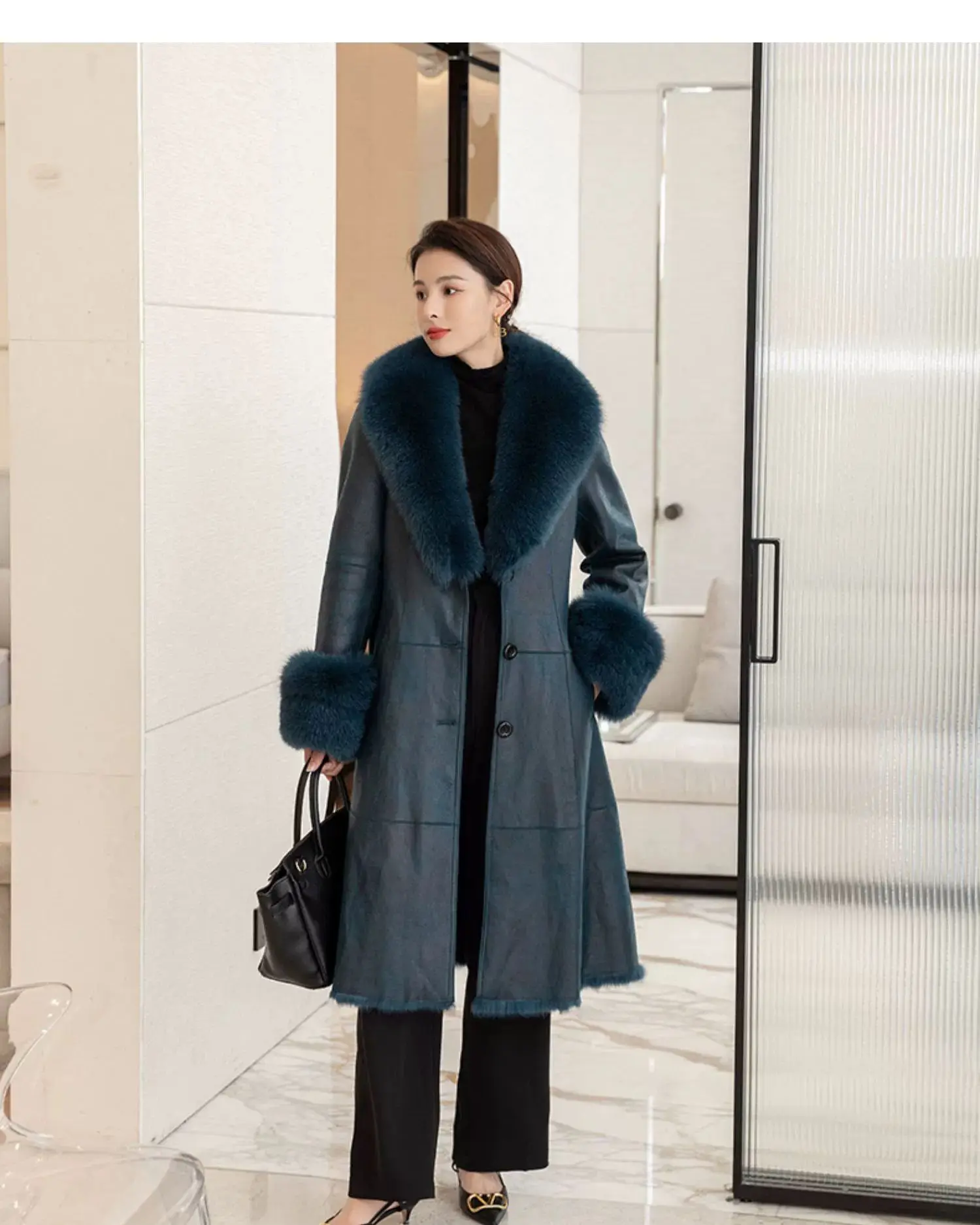 2023 New Rabbit Fur One Piece Coat for Women Mid length Fox Fur Collar Lace up Slim Fit Haining Fur Coat for Women