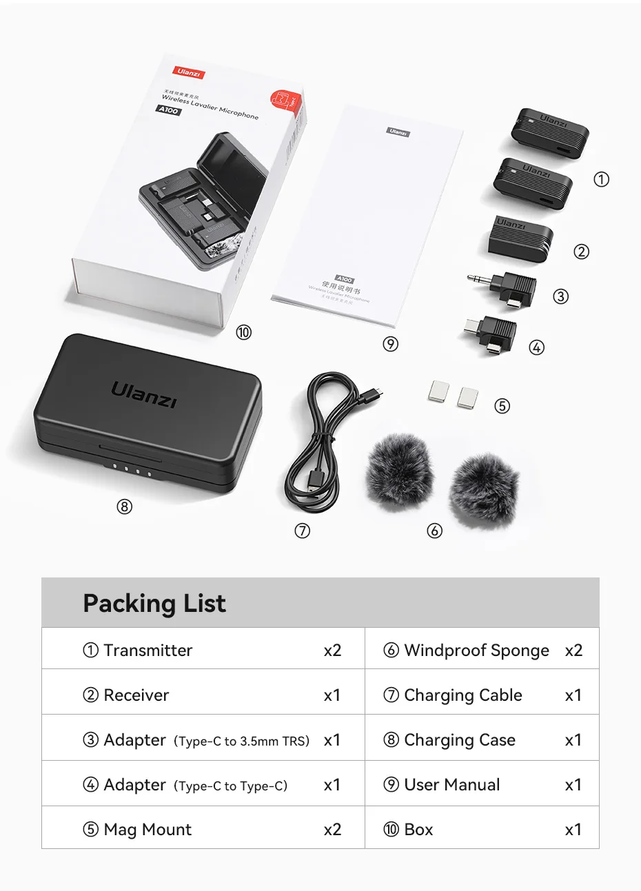 Ulanzi A100 Draadloze Microfoon Lavalier MICROFOON voor iPhone 16 15 Pro (Max) Camera Geluidsopname Real-time Monitoring J12 Upgrade