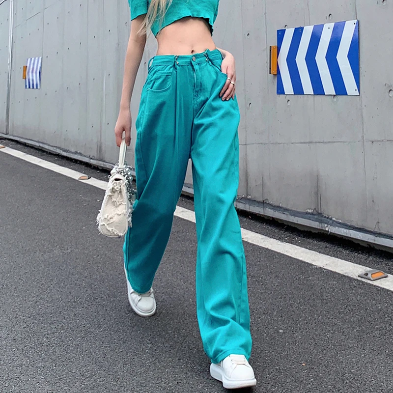 Summer New Blue Fashion Hook High Waist Jeans Vintage Wide Leg Straight Pants Street Casual Baggy Mopping Denim Trouser Ladies