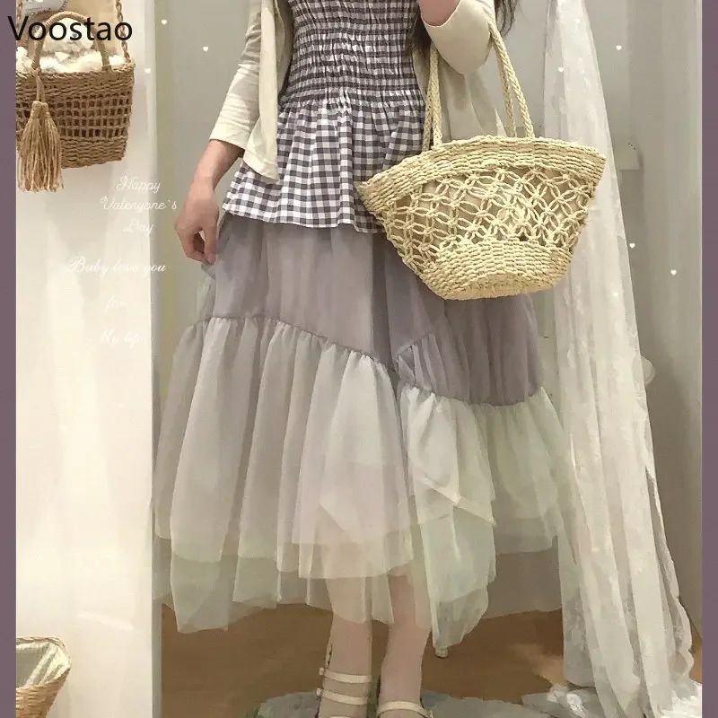 

Sweet Lolita Midi Skirt Women Casual Patchwork Color High Waist irregular A-Line Mesh Skirt Female Elegant Fairy Long Skirts