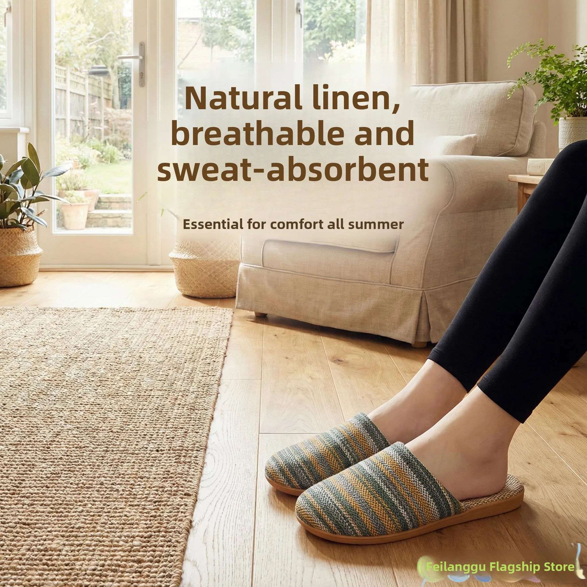 

Home Slippers Indoor Use All Season Anti-Slip Cotton Linen Quiet Soft Flat Bottom Head Cover Linen Cool Slippers