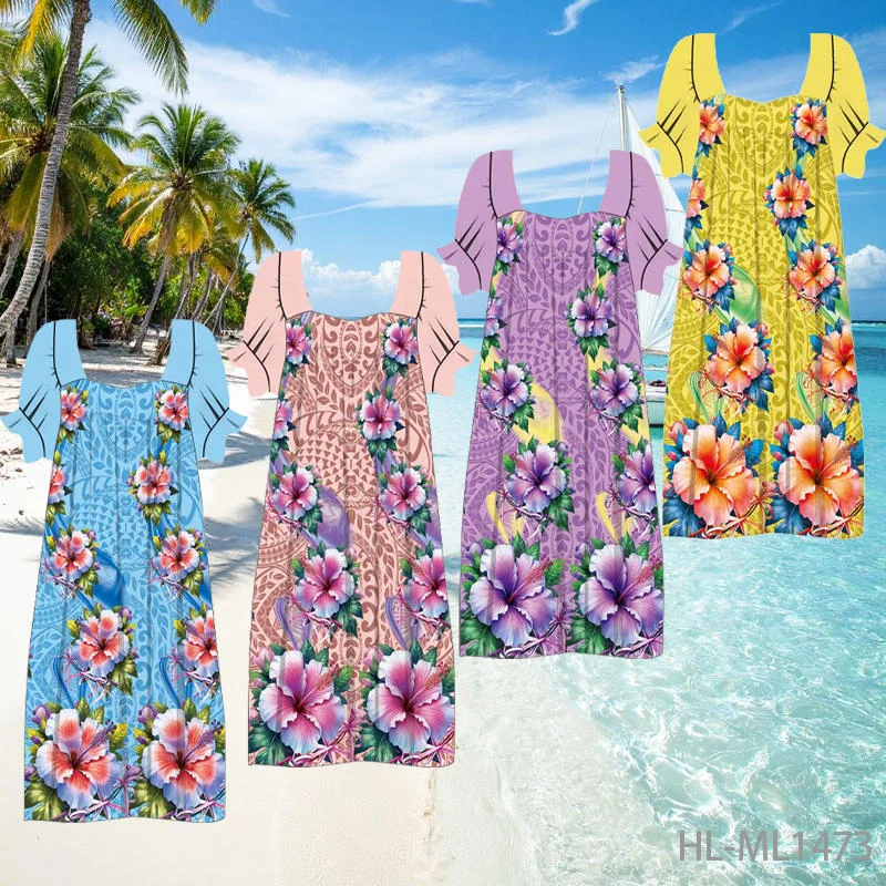 

2025 Hawaiian Design Custom Digital Print Floral Polyester Printed Fabric for Micronesian Women Clothing