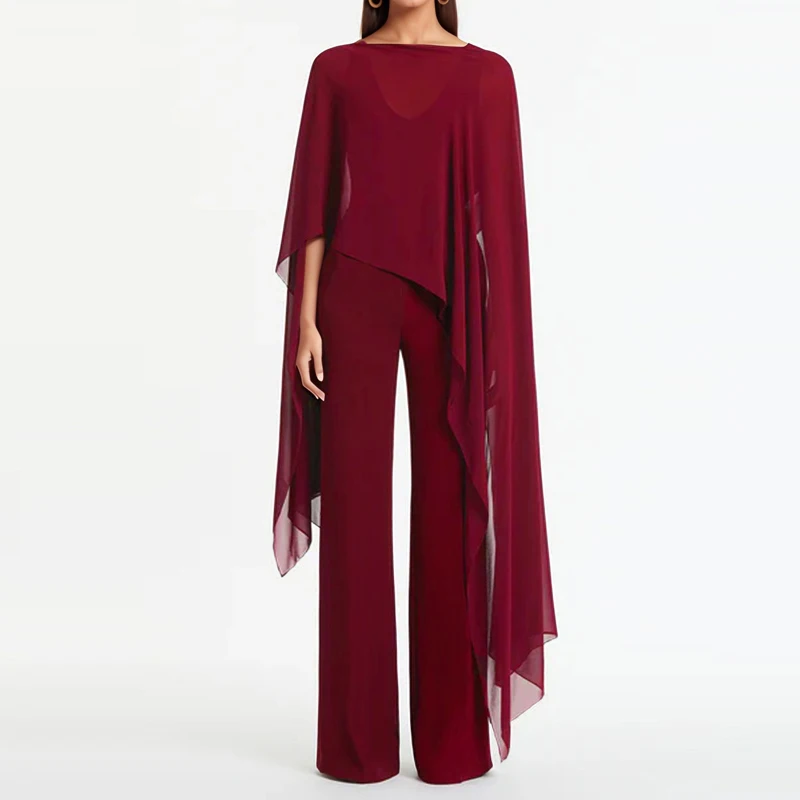 

Elegant Simple Rompers Fashion Irregular Slash Collar Chiffon Shawl Tops&Jumpsuits Set Summer New Solid Color Loose Women's Sets