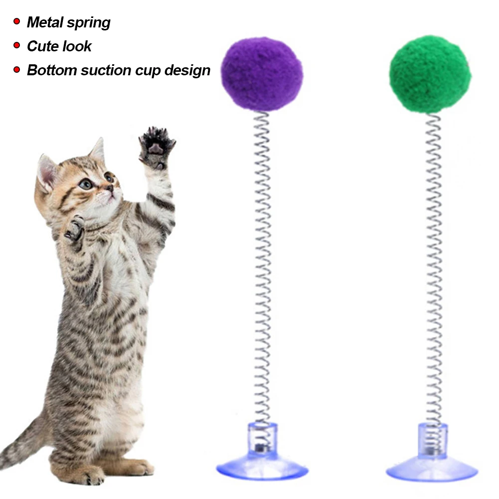 1pc Random Color Cat Feather Spring Ball Toy with Suction Cup Interactive Cat Teaser Wand Cat Toy Cat Scratcher Toy Cat Supplies