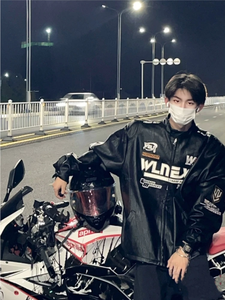 

American Sle Racing Jaet Outerwear PU Leather Vintage Motorcycle Jaet High Street Trendy Zipper ort Sve Youth Faion