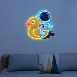 Astronaut Riding Duck Neon Signs LED Cool Neon Light Dimmable for Bedroom Living Room Bar Store Birthday Gift Size: 34*34 Cm