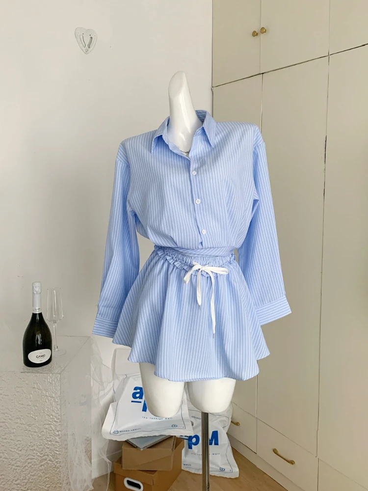 

American Elegant Fashion Striped 2 Piece Set Women Button Short Tops+Drawstring Mini Umbrella Skirts Casual Streetwear Suits New