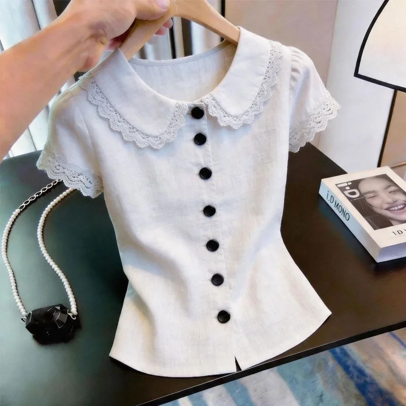 Retro Korean Style Loose Fit Short Sleeve Lace Doll Collar Shirt for Women Summer Casual High End Feelings Top