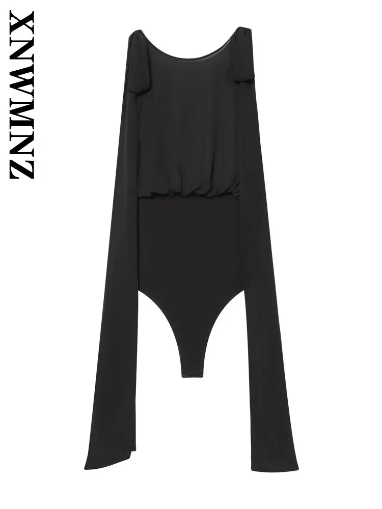 

XNWMNZ 2025 летняя новая женская вечерняя мода с длинным рукавом и круглым воротником с открытой спиной, шикарный клубный осенний женский черный вечерний топ на молнии