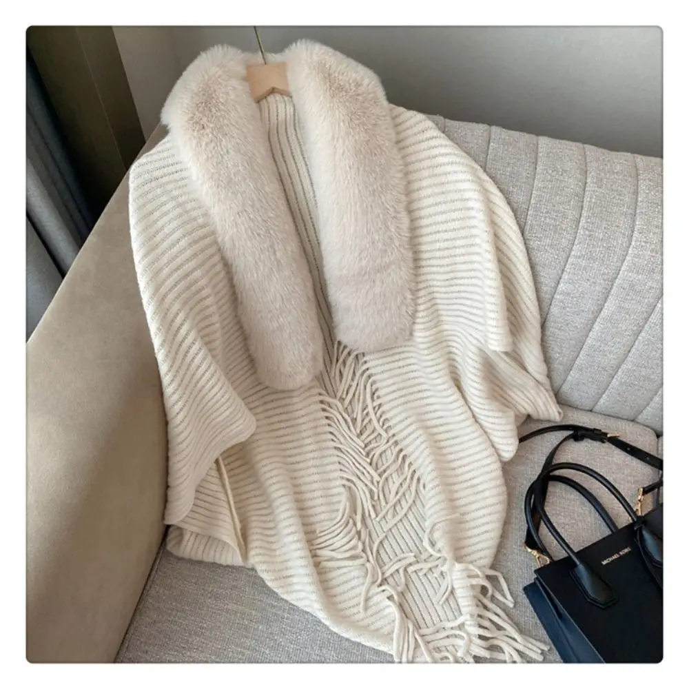 

Womens Cardigan Cape Cloak Knitting Shawl Faux Fur Collar Winter Warm Wraps