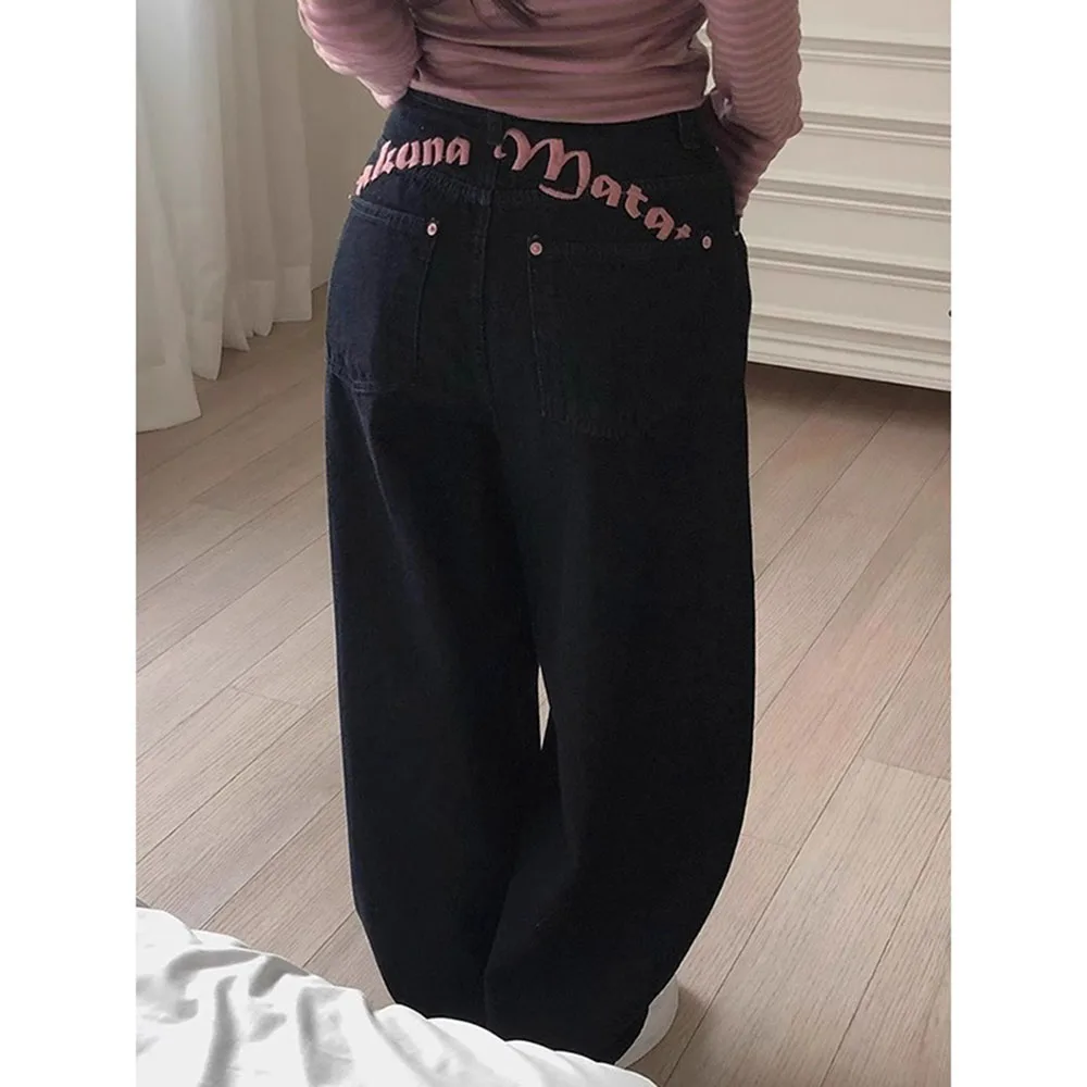 Letter Embroidery Pattern Women Jeans Fashion Vintage Black Long Pants Casual Style Straight Leg Denim Trousers For Women