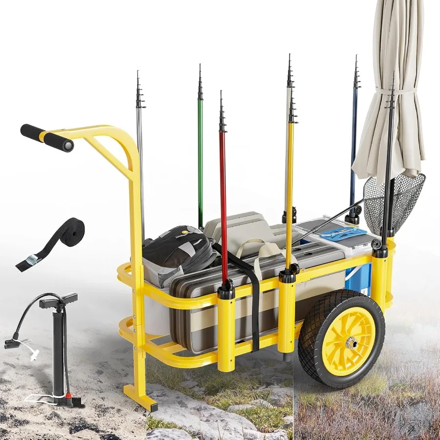 

Тележка для пляжной рыбалки с 12 большими безвоздушными шинами для легкого транспортировки на пляже Складная тележка для пляжной тележки с большим размером