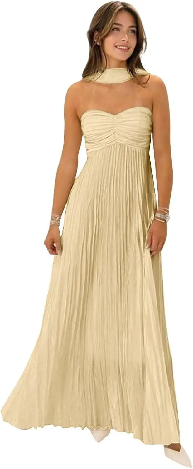 Vestidos de Dama de Honor de Gasa con Pañuelo, Vestido de Noche Línea A sin Tirantes Plisado, Vestido de Invitada de Boda, Vestidos de Noche, Vestido de Fiesta