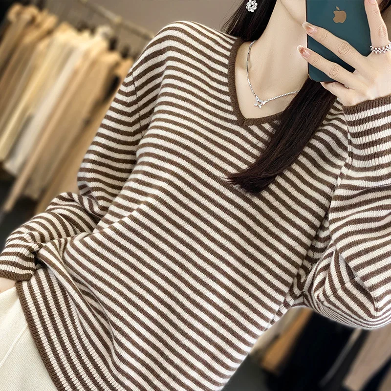 % Wool Sweater Women Pullover Autumn Winter New Knitted Long Sleeve Simple Striped Jacquard