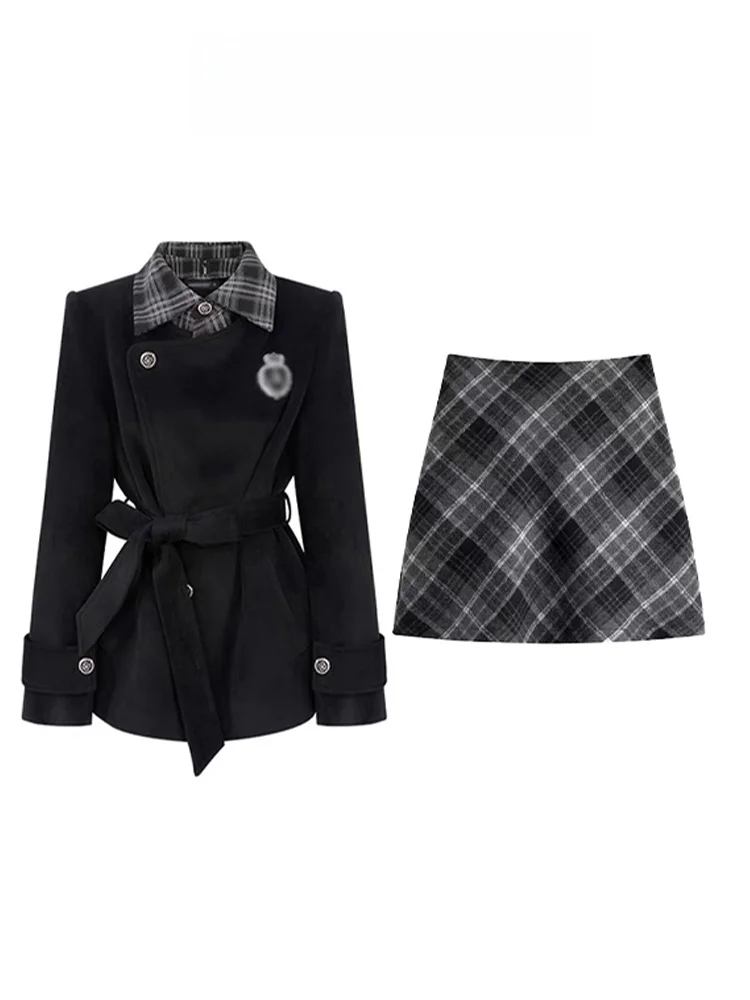 British College Style Suit Skirt Set Women's Autumn Winter High-End Black Woolen Coat  Skirt Two-Piece Set Fashionable