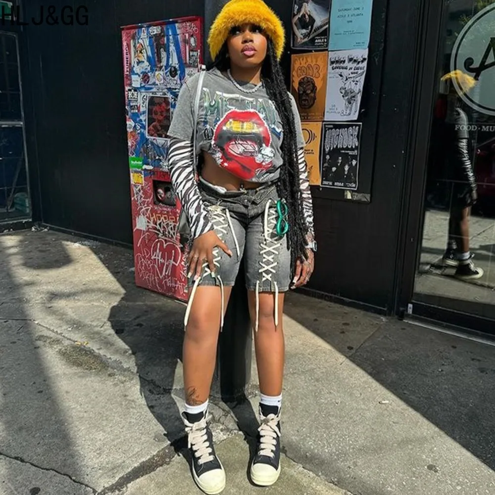 HLJ&GG American Vintage Fashion Bandage Straight Jean Shorts Women High Waisted Button Loose Denim Shorts Female Cowboy Bottom