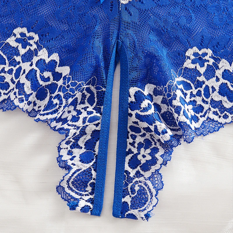 Sexy Hot Blue Lace Crotchless Women Sex Lingerie Outfit Exotic Semi Perspective Comfortable Home Underwear Set Erotic Costumes image 4