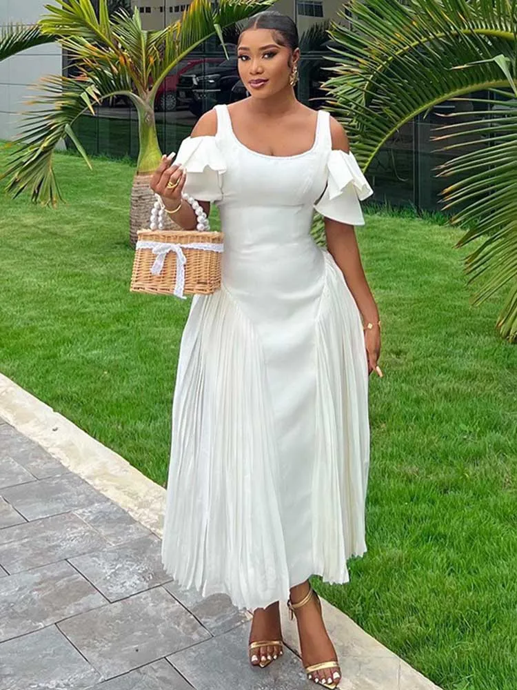 White Dresses Woman Summer Pleated Ruffle Hem Sexy Dress Ladies Off The Shoulder Elegant Long Slim Dress Wholesale Dropshipping