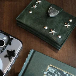 Cool Sweet Star Nail Head Embellished Faded Leather Card Holder Wallet Coin Purse Unbranded Korean Style Synthetic Leather