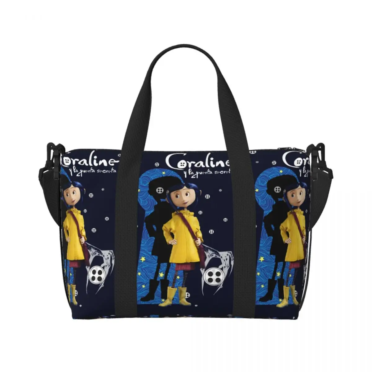 

Custom Coraline Twitchy Witchy Girl Beach Tote Bag for Women Extra Large Gym Carry On Halloween Scary Movie Travel Shopping Bags