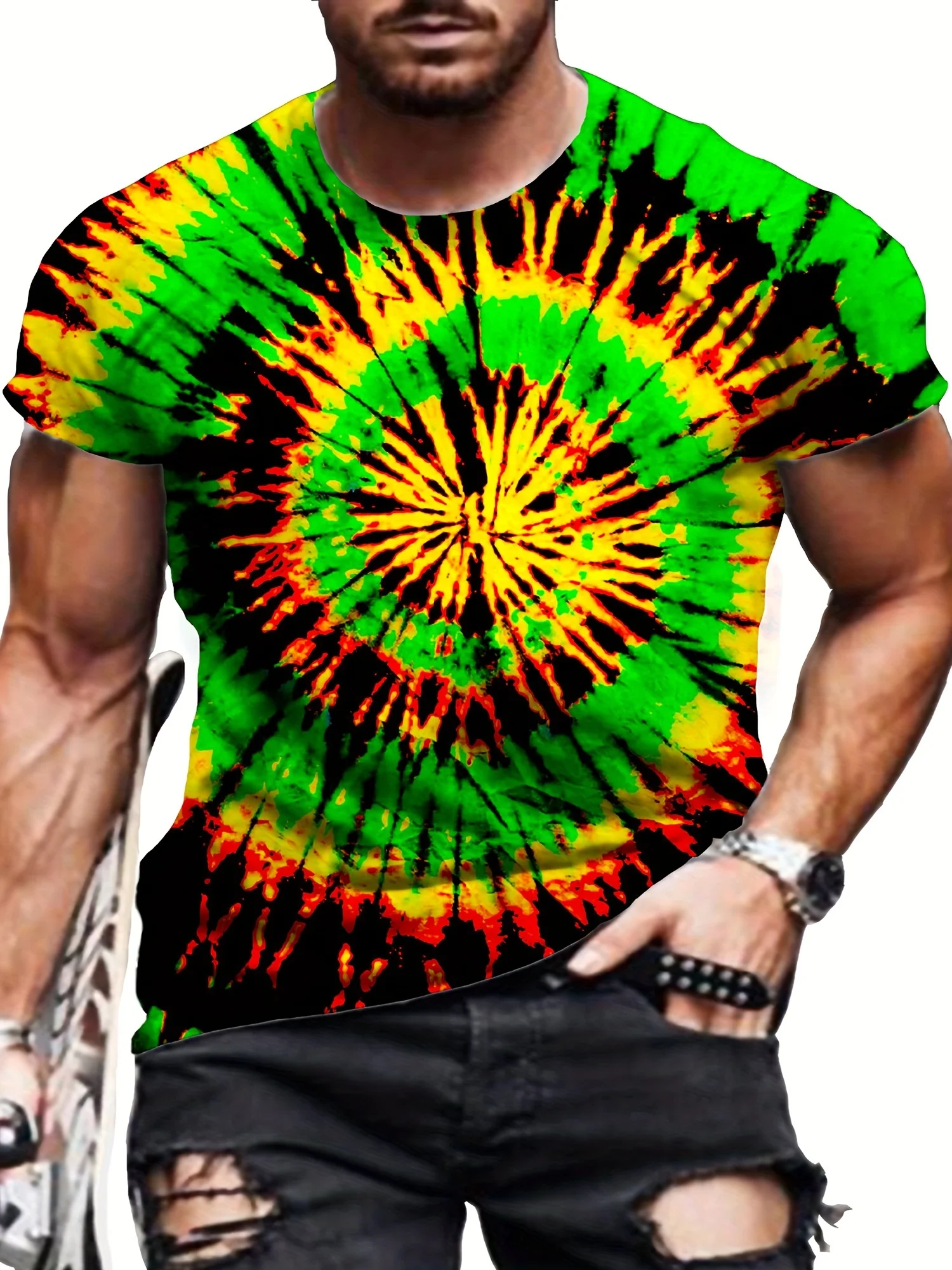 Men's Plus Size Tie-Dye T-Shirt - Vibrant 3D Geometric Pattern, Casual Crew Neck, Soft & Breathable Polyester,