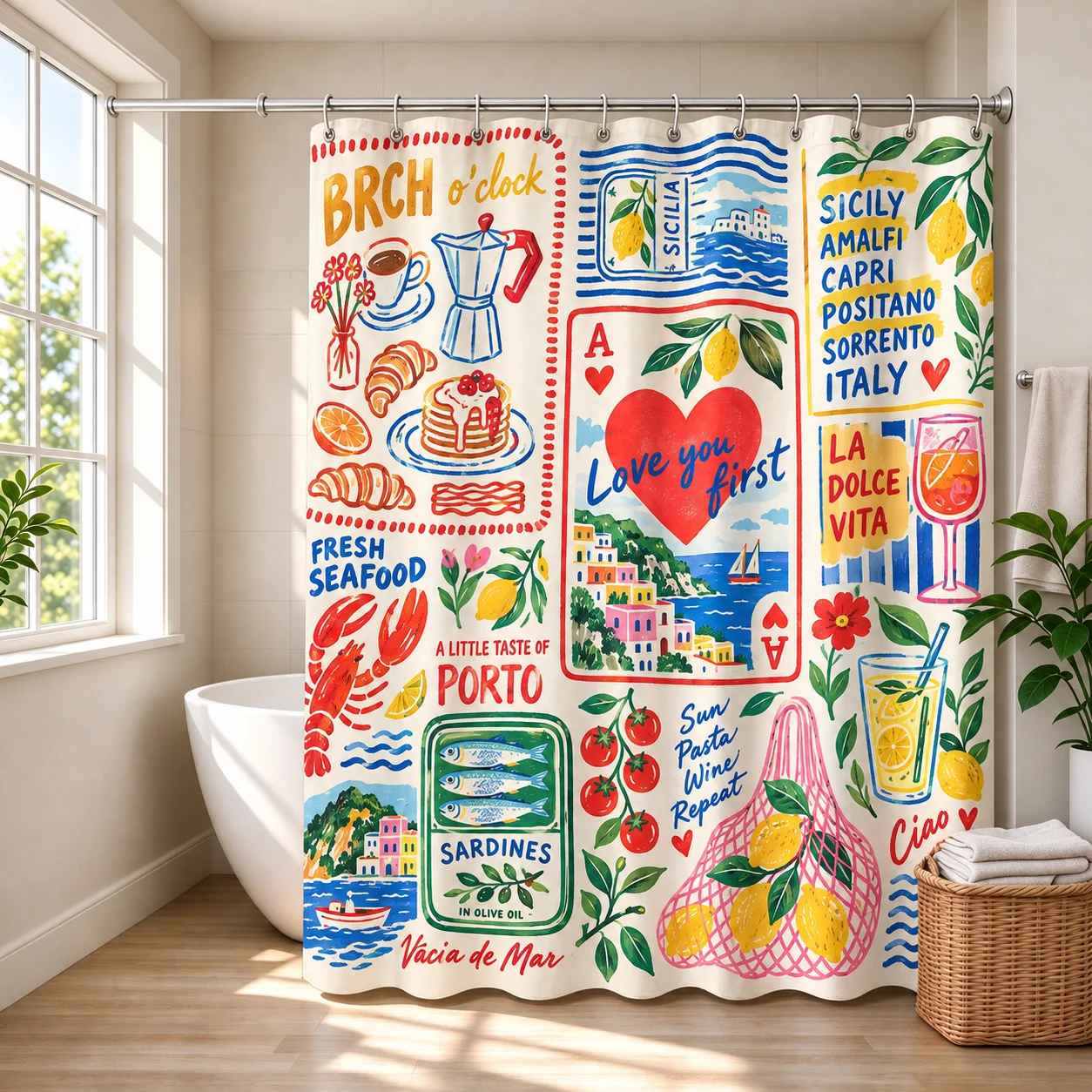 Italian Mediterranean Collage Shower Curtain Amalfi Coast Lemon Seafood Brunch Retro Waterproof Fabric Bathroom Curtain