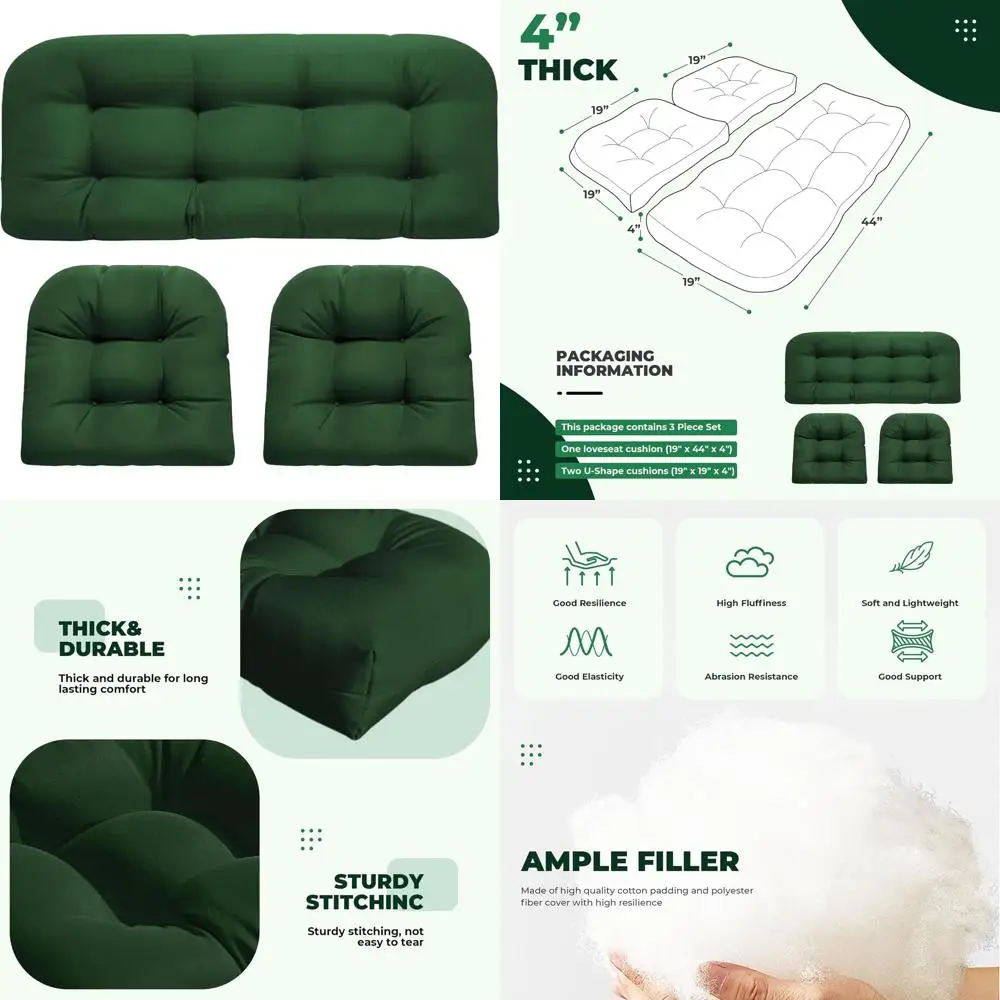 

Зеленый комплект из 3 предметов: двухместный диван и U-образный набор подушек из искусственного ротанга для садовой мебели