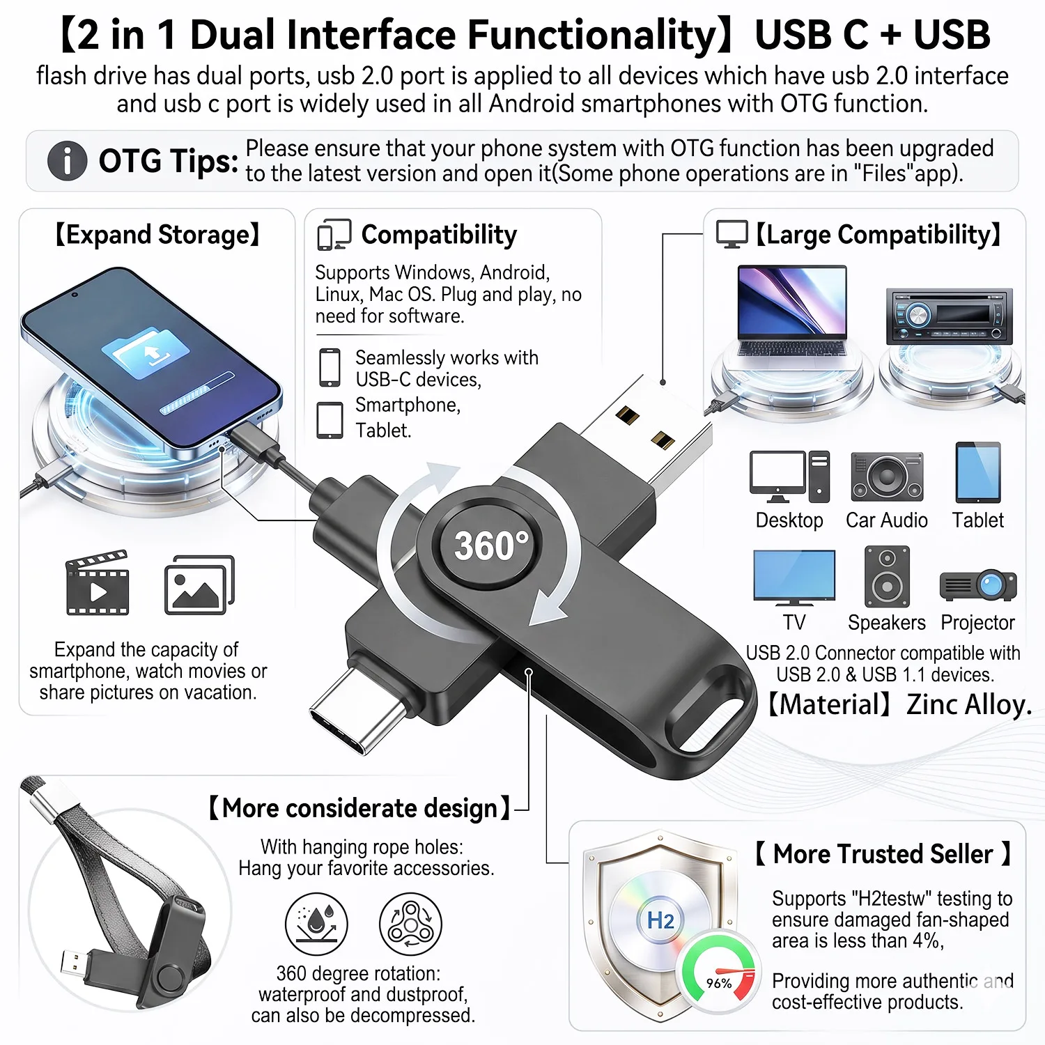 Type C OTG USB Flash Drive 64GB 32GB 16GB 8GB Memory Stick 2.0 Pendrive High Speed for Mobile Phones and Computers