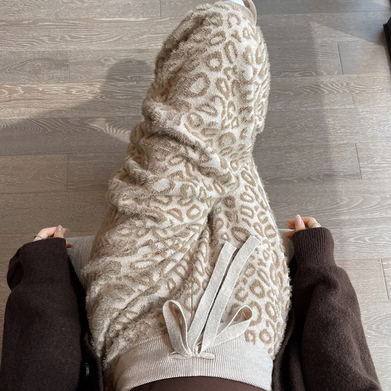 2026 Mink Fur Leopard Print Knitted Wide Leg Pants Women Fleece High Waist Straight Long Pants Thickened Soft Waxy Wool Trousers