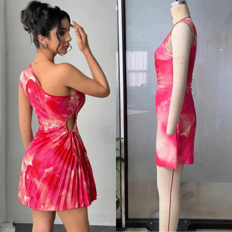 

Women One Shoulder Sleeveless Mini Dress 2025 Sexy Pleated Slim Fit Summer Party Outfit Retro Elegant Style Cocktail Dresses New