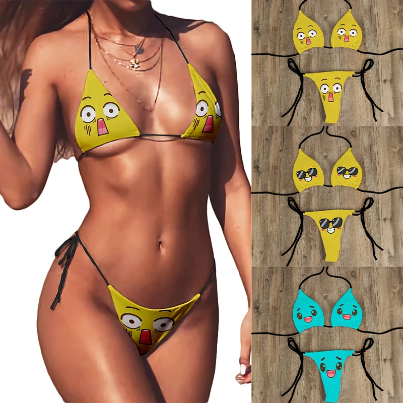 Bikini Set niedlichen gelben Badeanzug Cartoon Print Mode süße Frauen BH Badeanzug tief v Sommer Beach wear Party Bikini Anzug