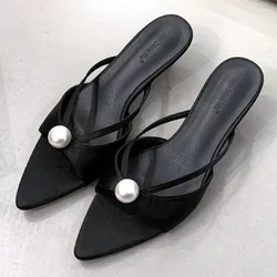 New 2025 Summer Open Toe Women Slippers Sexy Pointed Toe Slides Sandals Elegant Pearls Decoration Thin High Heels for Women