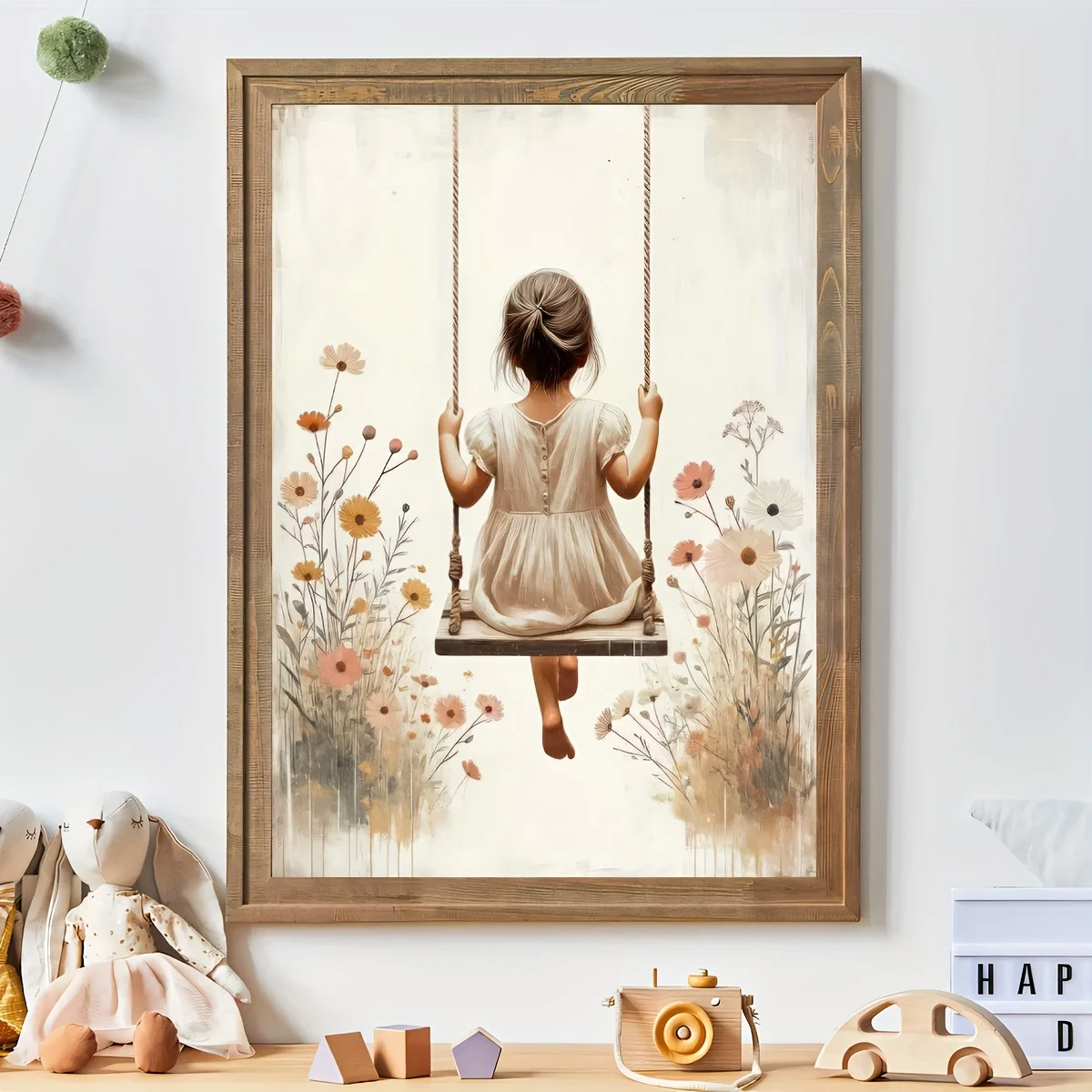 1pc Frameless Girl on Swing Canvas Poster - Charming Wildflower Nursery Wall Art, Waterproof & Reusable, Perfect for Living R