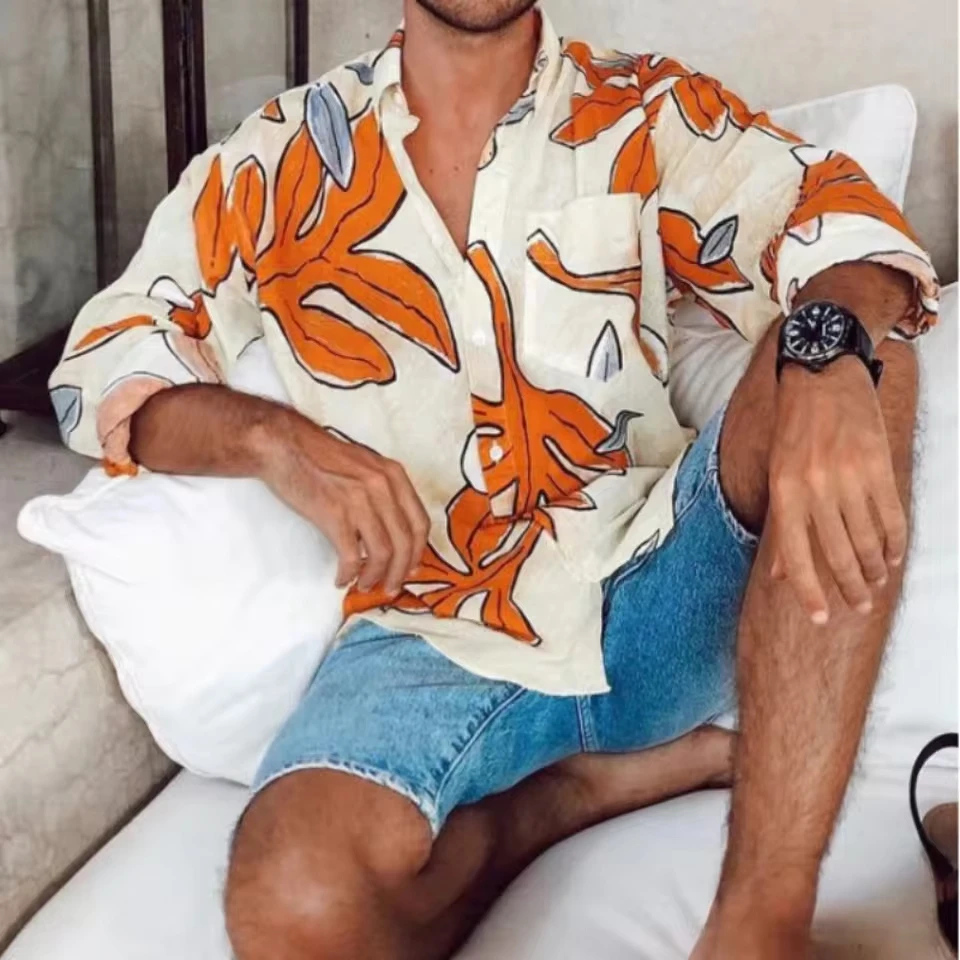 Camisa de Hombre Nueva de Verano y Otoño, Camisa Informal de Playa con Estampado de Hojas de Arce, Camisa de Manga Larga Cómoda, Ropa para Hombre