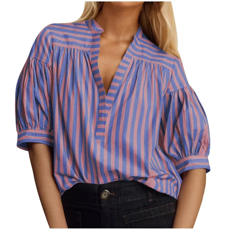 Fashion Stripe Colour Blocking Loose Shirt Women Deep V Neck Pullover Blouse Summer Pleated Bubble Short Sleeve Female Tops 2024