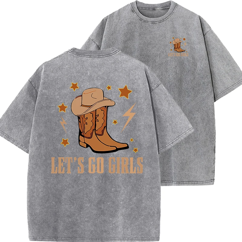 تي شيرت رعاة البقر العتيق للرجال ، تيشيرتات قصيرة فضفاضة كاجوال ، قطن مغسول ، طباعة بنات رعاة البقر ، رائجة وجميلة ، الصيف