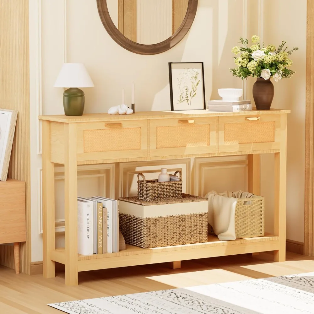 Rattan Console Table with 3 Drawers, Behind Couch Table for Living Room, Natural Wood