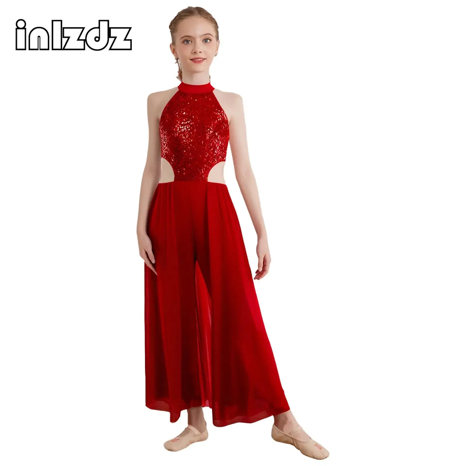 

Kids Girls Latin Jazz Dance Jumpsuit Shiny Sequins Halter Sleeveless Backless Skirted Jumpsuit Lyrical Modern Stage Dancewear
