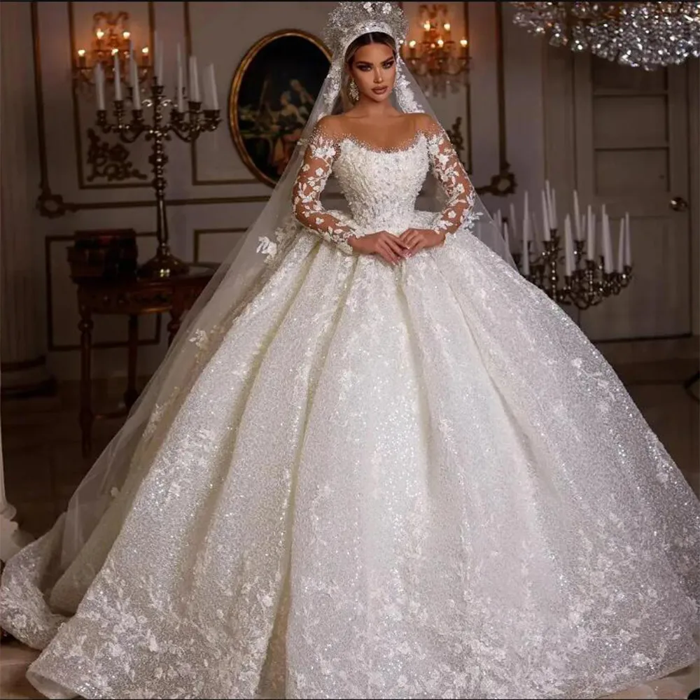 Princess Wedding Dresses Sparkling Ball Gown Beaded Appliques Tulle Long Sleeves Elegant Bride Marriage Women Clothing Bespoke