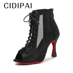 CIDIPAI-zapatos de baile latino con suela roja para mujer, botas de baile de salón con diamantes de imitación, tacones altos para entrenamiento de Salsa, zapatos de fiesta