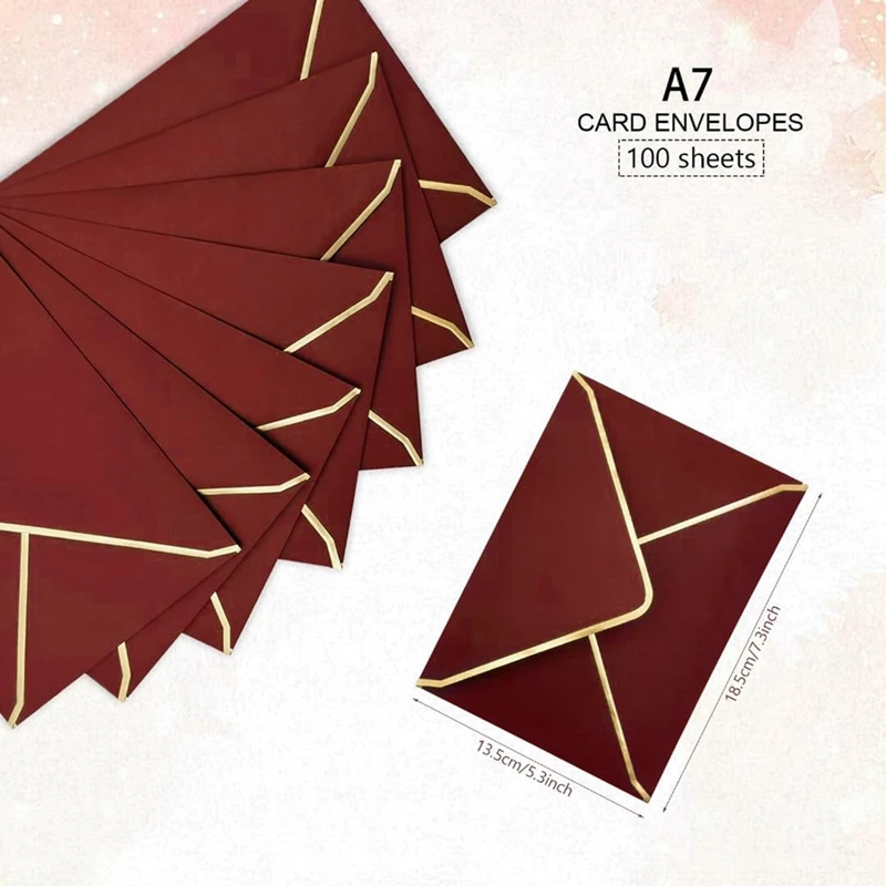 100 Stück Burgunderrote Einladungsumschläge im A7-Format mit goldenem Rand, 12,7 x 17,8 cm, V-Flappe, Schnellverschluss – perfekt für besondere Anlässe