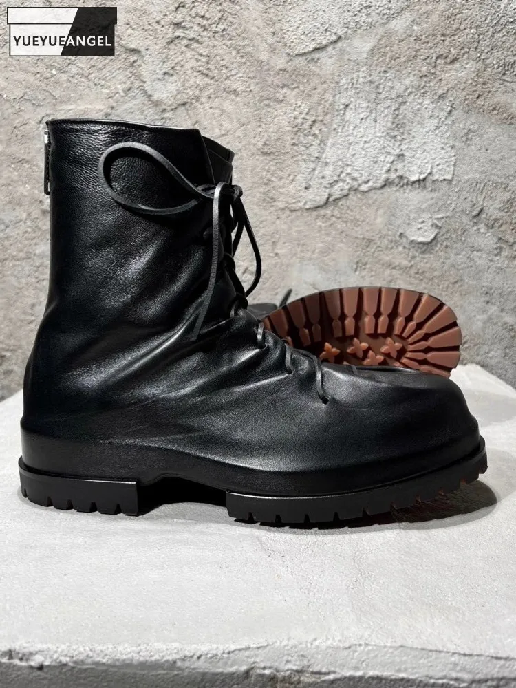 Gothic Designer Men High Top Sheepskin Genuine Leather Ankle Boots Lace Up Thick Platform Runway Shoes Vintage Work Safety Boots
