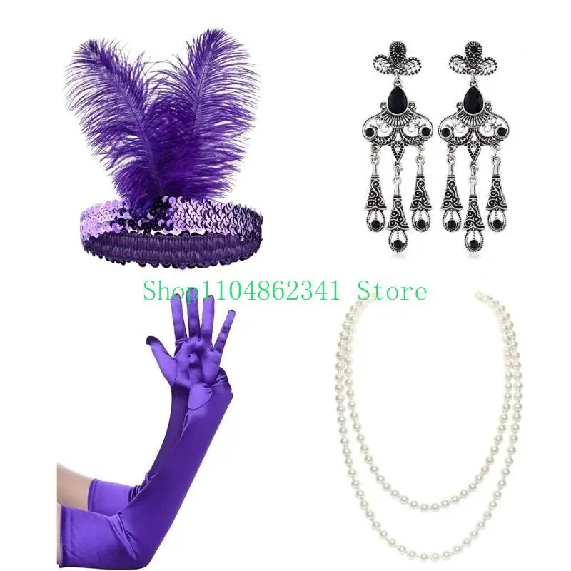 652F Vintage Medieval Headband with Etiquettes Gloves Delicate Earring&Pearl Necklace Set Festival Party Ladies Costume Props
