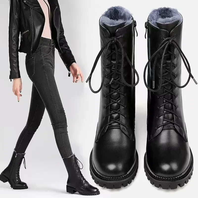 Wysokie buty damskie 2025 Zagęszczone sznurowane buty na wysokim obcasie z podwójnym zamkiem błyskawicznym dla kobiet Buty do połowy łydki Buty damskie na grubym obcasie