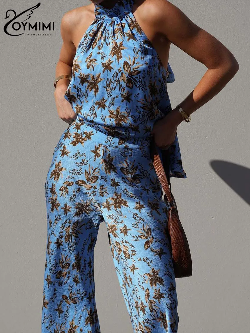 Oymimi Fashion Blue Print Sets Womens 2 Piece Elegant Halter Collar Open Back Blouses And High Waisted Straight Trousers Sets