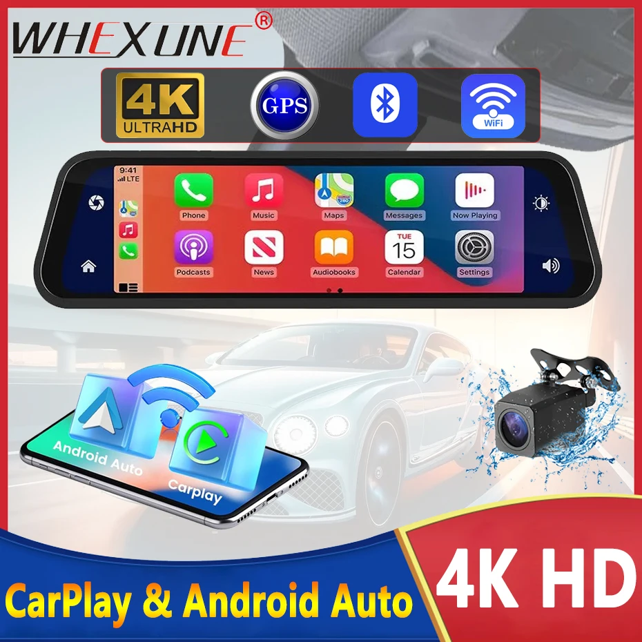 UHD 4K 2160P Carplay Android Auto Dash Cam Stream Rear View Mirror GPS Navi 5G WIFI Car DVR Video Camera Recorder FM Transmitter