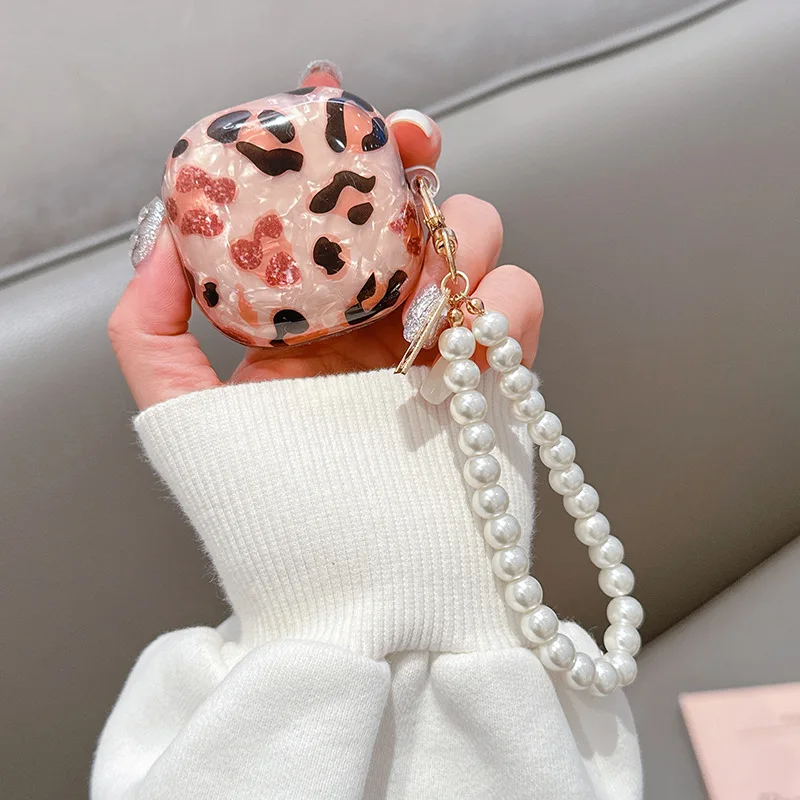 

Luxury Leopard Pink Shell With Pearl Keychain TPU Protective Earphone Cover For Samsung Galaxy Buds FE Live 2 Pro Case Girls
