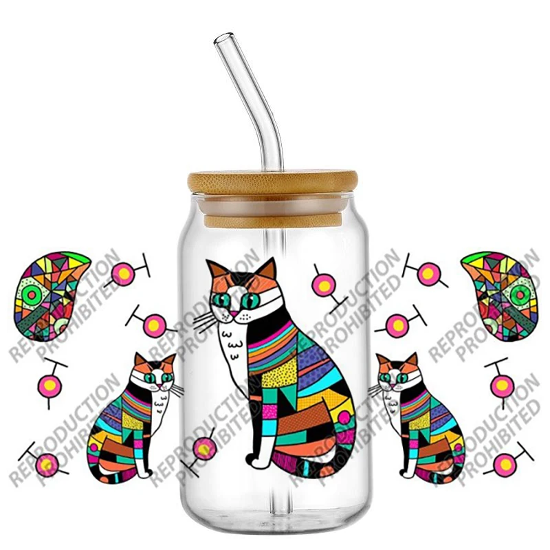 Colorful Patchwork Cat UV DTF Wraps, Cute Bohemian Style Stickers for Cups Bottles, High-Quality DIY Craft Transfer Stickers