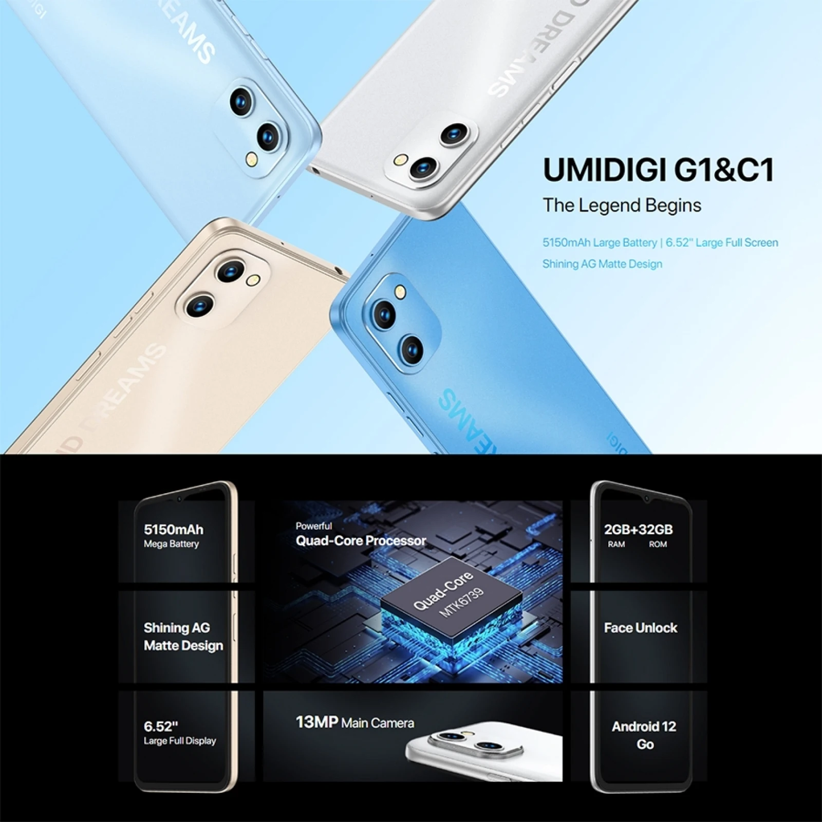 UMIDIGI C1/G1 6.52 "smartphone 3GB + 32GB 5150mAh 13MP fotocamera Android 12 MTK6739 Quad-Core Dual SIM versione globale cellulare